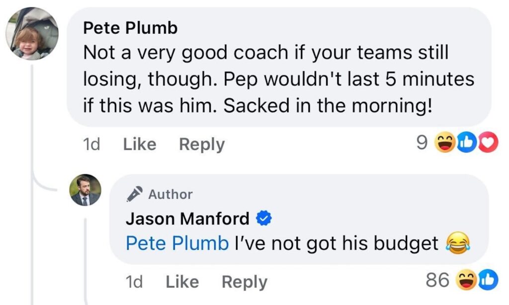 Social media comment on the post of Comedian Jason Manford’s first two games as U11 football coach end with 34 goals conceded, sparking fans’ playful calls for 'Manford Out' as he seeks improvement.