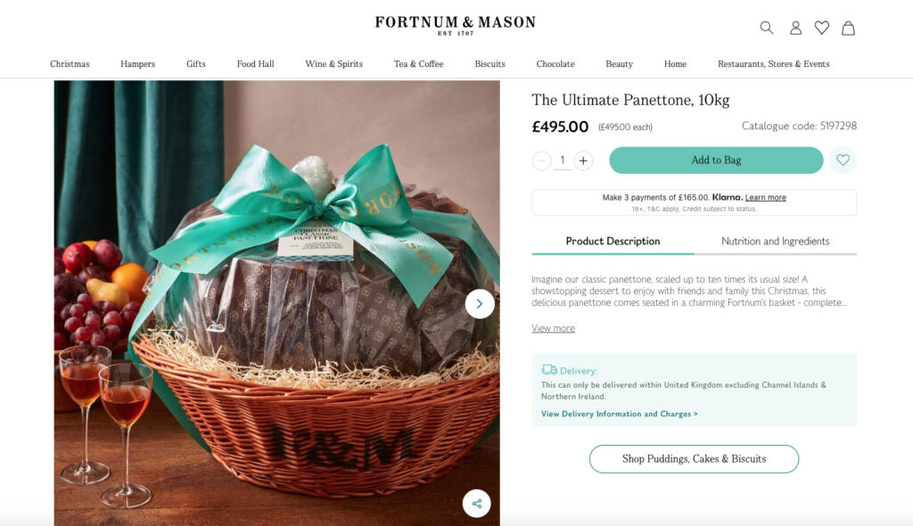 Fortnum & Mason’s 22lb luxury panettone, priced at £495, is a festive showstopper made with Australian raisins, candied oranges, and Madagascar vanilla, free from preservatives.