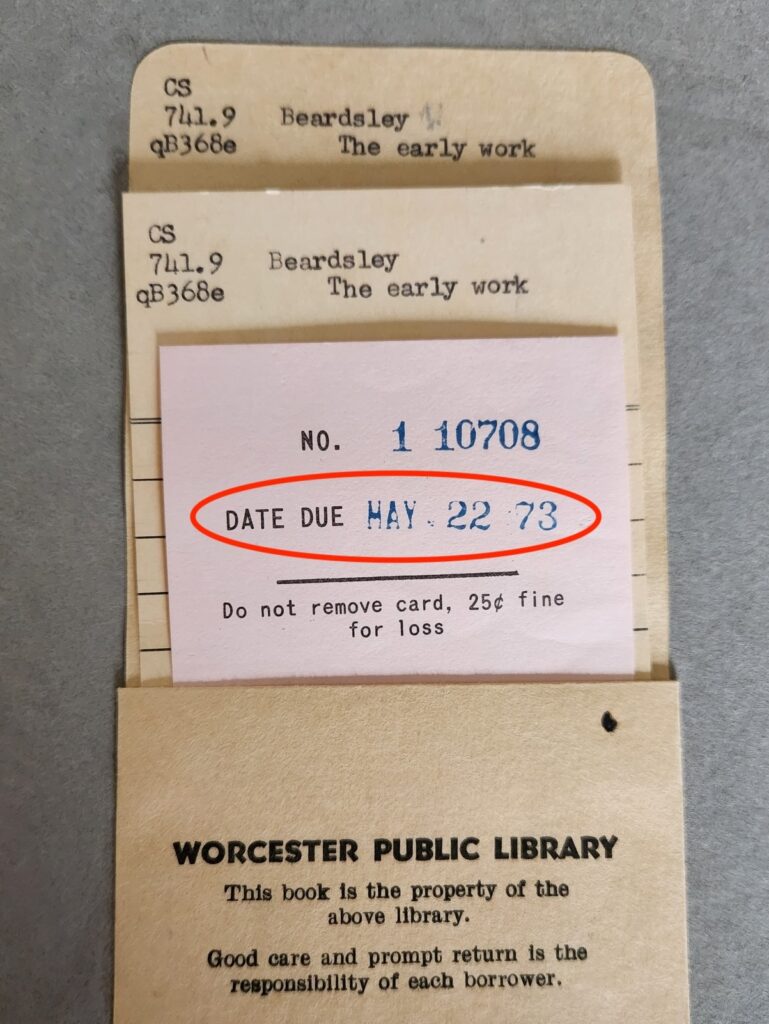 Library book overdue for 51 years finally returned to Worcester Public Library; 1899 edition of ‘The Early Work of Aubrey Beardsley’ makes its way home in pristine condition.