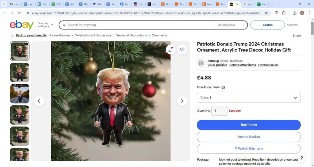 Trump-themed Christmas merchandise floods Etsy and eBay as sellers cash in on his election win; festive jumpers and ornaments celebrate 'Make Christmas Great Again.'