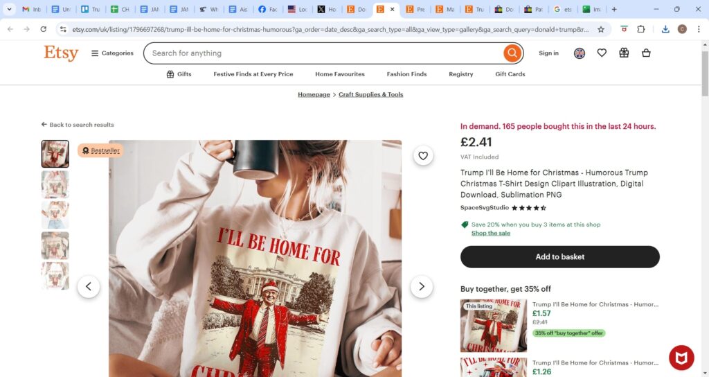 Trump-themed Christmas merchandise floods Etsy and eBay as sellers cash in on his election win; festive jumpers and ornaments celebrate 'Make Christmas Great Again.'