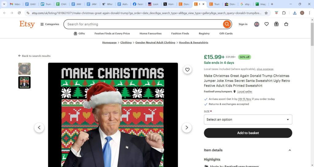 Trump-themed Christmas merchandise floods Etsy and eBay as sellers cash in on his election win; festive jumpers and ornaments celebrate 'Make Christmas Great Again.'