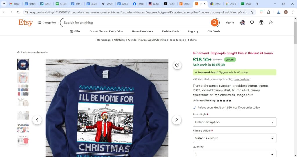 Trump-themed Christmas merchandise floods Etsy and eBay as sellers cash in on his election win; festive jumpers and ornaments celebrate 'Make Christmas Great Again.'