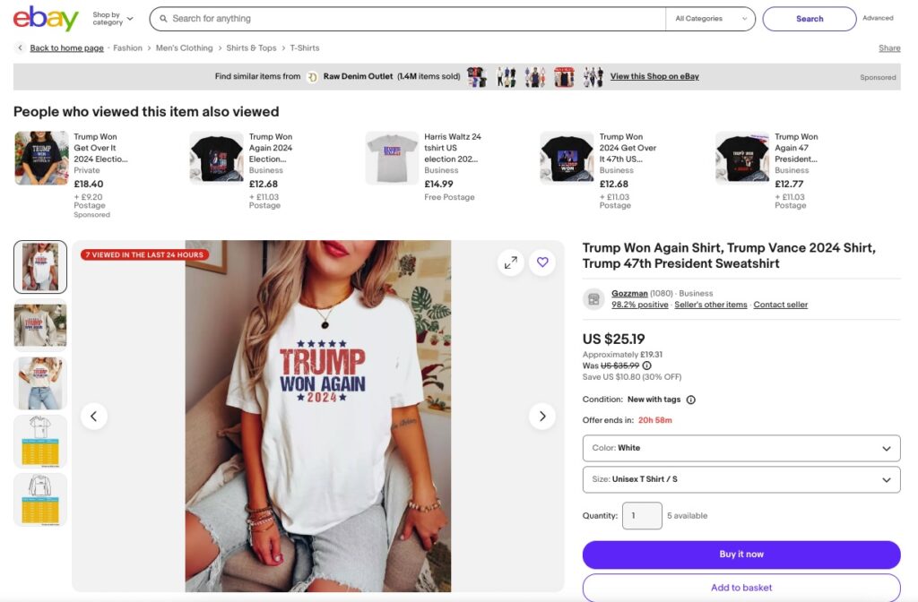 Trump supporters flood eBay with ‘WE WON’ merch hours after his projected win, selling shirts, caps, and mugs celebrating the ‘magnificent victory’ in 2024 election.