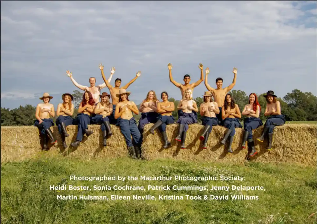 University students bare all for the 2025 "Flash for Farmers" calendar, raising funds for Rural Aid with creative nude shots featuring tractors, animals, and farm scenes.