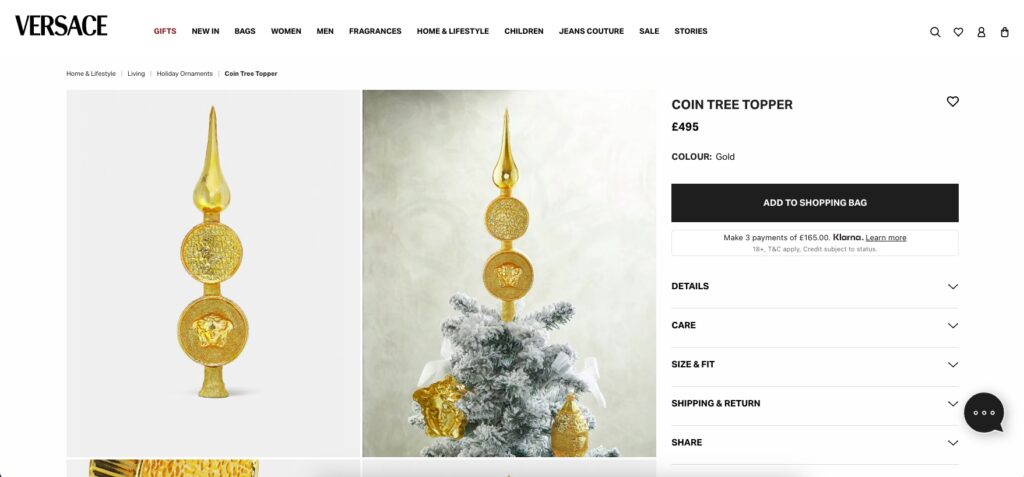 Versace is selling luxury Christmas tree toppers for up to £495, featuring Medusa and coin designs in glittery gold glass, sparking buzz over the festive splurge trend.