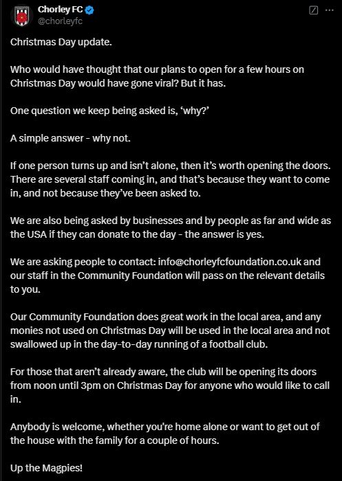 Chorley FC, part-owned by former Boyzone and Westlife stars, opens Victory Park on Christmas Day to welcome lonely locals, offering food, gifts, and festive cheer.