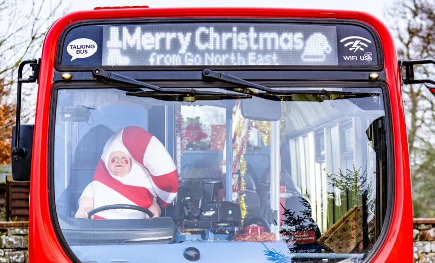 Bus driver Julie Richardson spreads holiday cheer with festive costumes, donning a new outfit daily in December to bring joy during a challenging time of year.