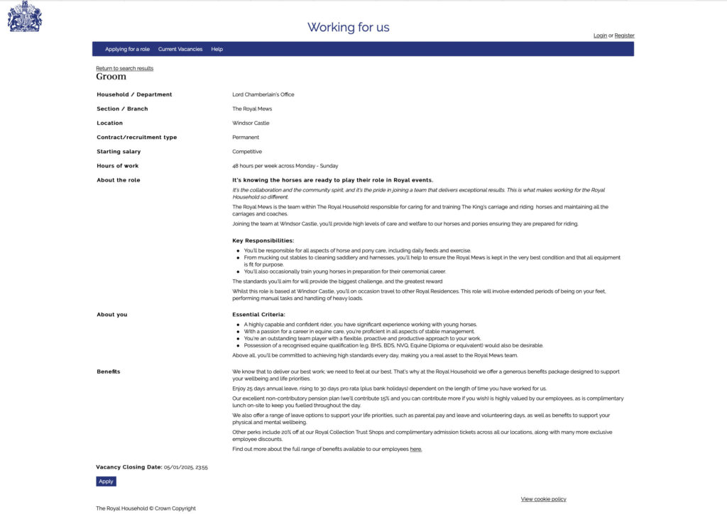 King Charles seeks a groom for Windsor Castle to care for royal horses. Duties include feeding, training, and riding, with a £24K salary, 25 days leave, and perks.