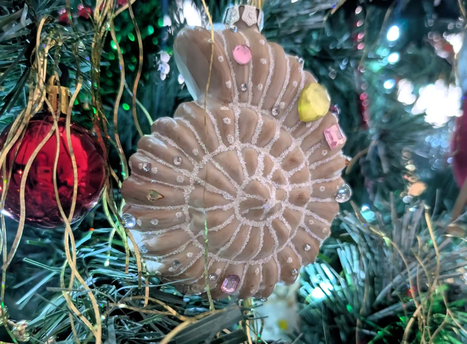 Geoscientist spots bedazzled ammonite fossil Christmas ornament at M&S, sparking laughs online. The unique decoration, adorned with jewels, is a festive fossil find!