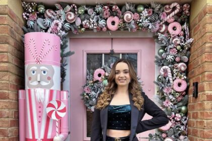 A festive twist in Somerset: Hannah Cape dazzles neighbors with her disco-ball-themed Christmas door, reusing decorations for a sustainable and glittering display.