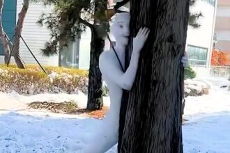 Terrifyingly lifelike snowman spotted in viral video, complete with sculpted fingers, eyes, and muscles. Art or prank? This eerie creation is creeping out Christmas fans!