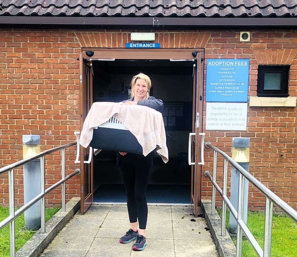 Airline pilot Belinda Wall drove 1,200 miles to adopt bonded cats Angel and Rosie from an RSPCA center. Now home in West Sussex, the shy pair have found their perfect companion.