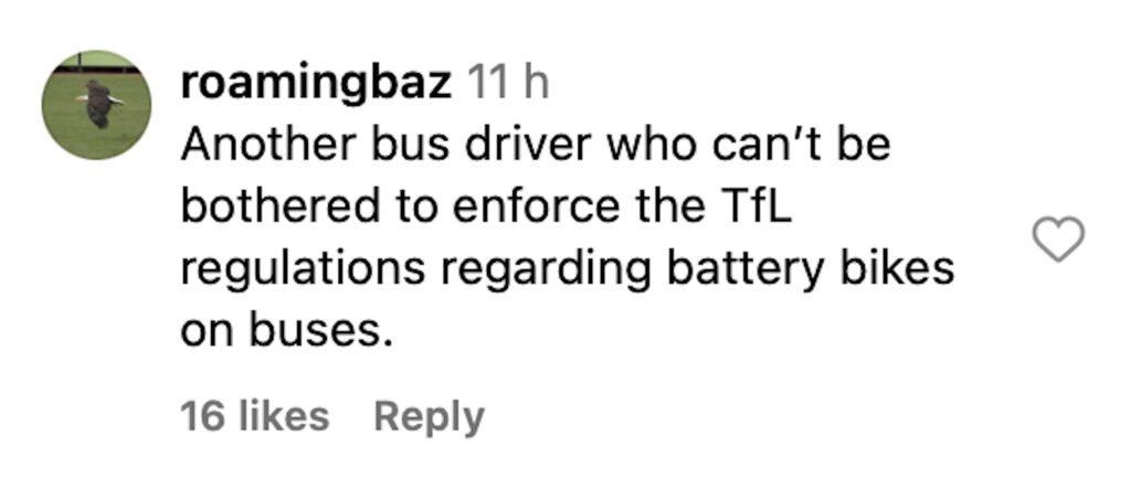 Social media comment on the post of A Just Eat rider was spotted on a late-night London bus with his e-bike, sparking mixed reactions from passengers and locals over TfL's ban on non-foldable bikes.