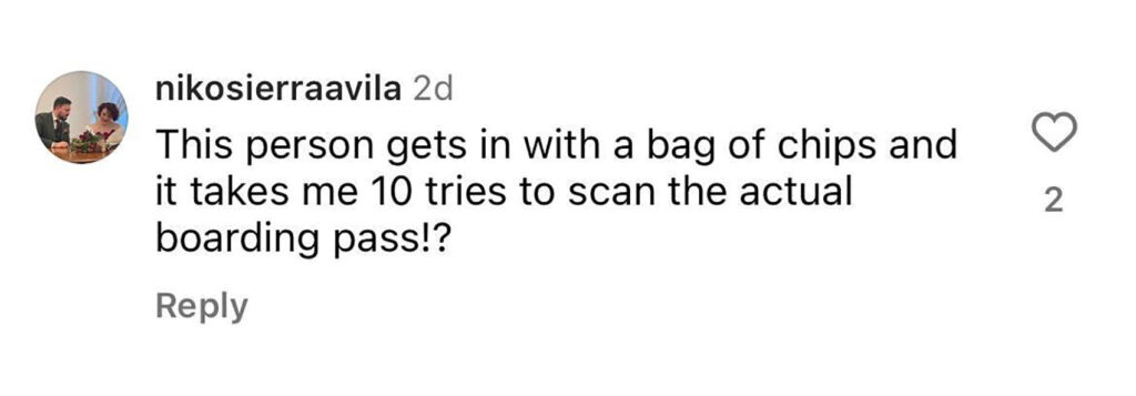 Social media comment on the post of A viral video shows a traveler seemingly using a crisp packet as a boarding pass at an airport gate, sparking 24M views and heated debates online. Spoiler: the real pass was underneath!