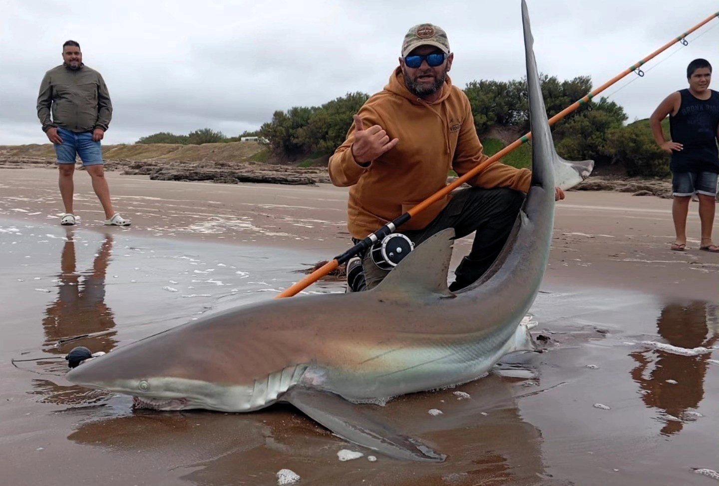 A fisherman in Argentina reeled in a massive 200lb copper shark using a fishing rod, later releasing it back into the sea. Watch the thrilling catch that went viral online!