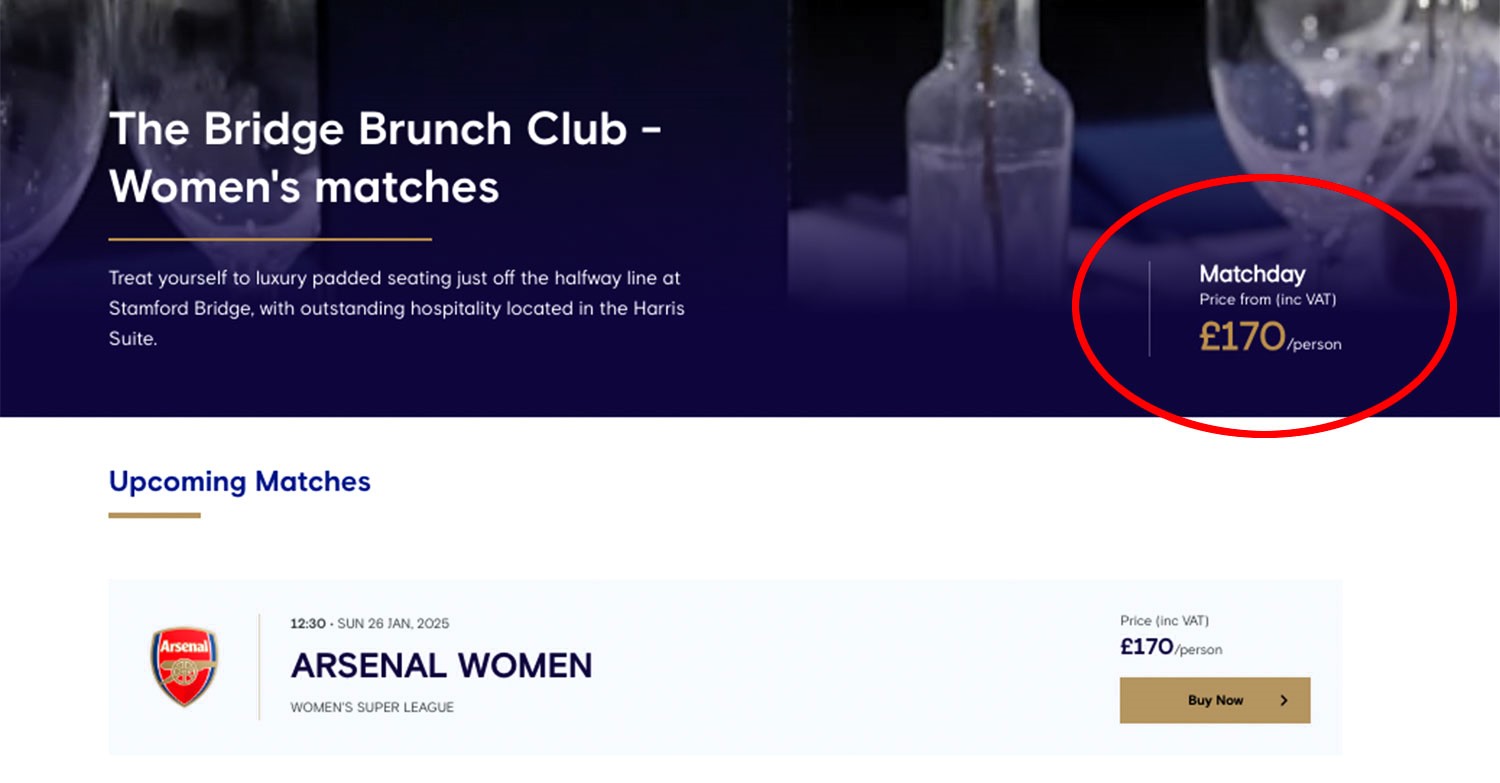 Chelsea is offering a £170 bottomless brunch at Stamford Bridge for Women’s team matches, featuring prosecco, beers, foot-long hot dogs, and more, creating a unique matchday experience.