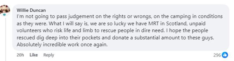 Social media comment on the post of Couple rescued from -20°C blizzard on Scotland's The Saddle after tent collapse. Critics slam risky camping as heroes from Cairngorm Mountain Rescue save the day.