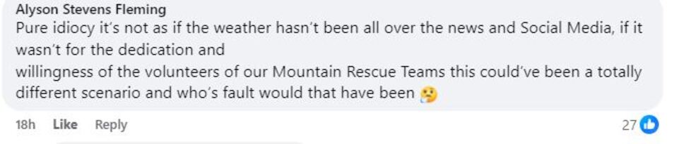 Social media comment on the post of Couple rescued from -20°C blizzard on Scotland's The Saddle after tent collapse. Critics slam risky camping as heroes from Cairngorm Mountain Rescue save the day.