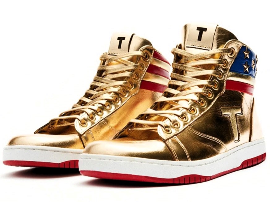 Donald Trump-inspired gold high-top sneakers, originally sold for $399, are now listed for $450,017 on eBay as sellers cash in on his return to office. Limited to 1,000 pairs!