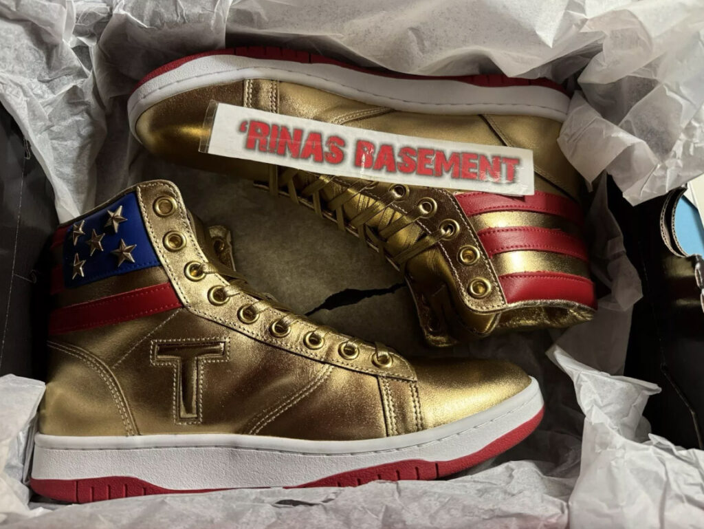 Donald Trump-inspired gold high-top sneakers, originally sold for $399, are now listed for $450,017 on eBay as sellers cash in on his return to office. Limited to 1,000 pairs!