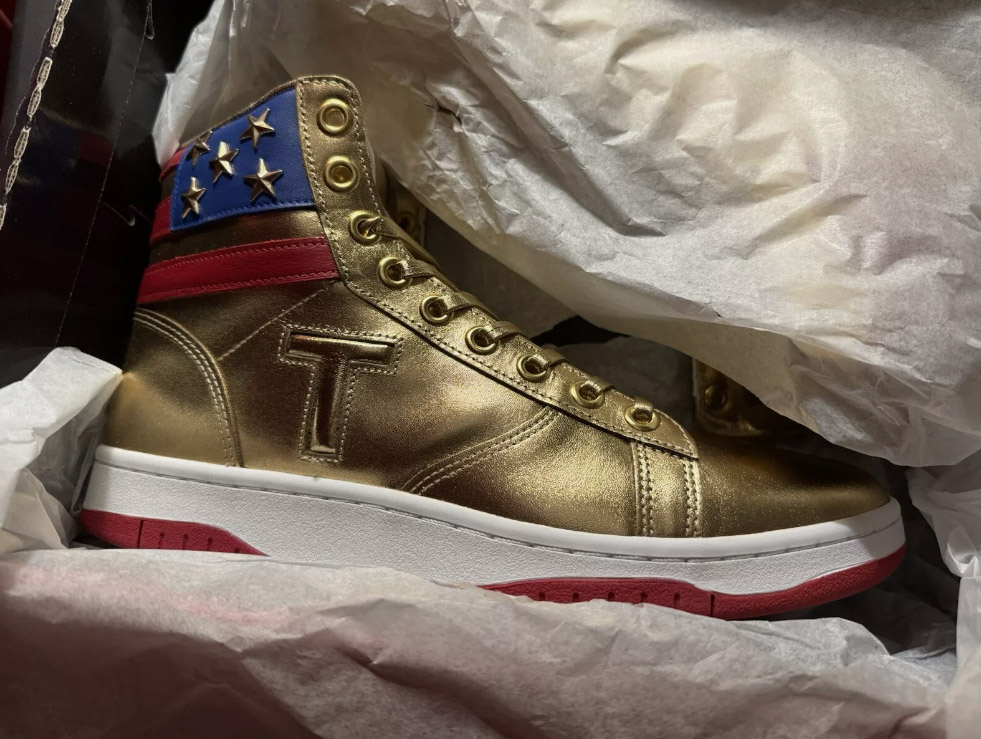 Donald Trump-inspired gold high-top sneakers, originally sold for $399, are now listed for $450,017 on eBay as sellers cash in on his return to office. Limited to 1,000 pairs!