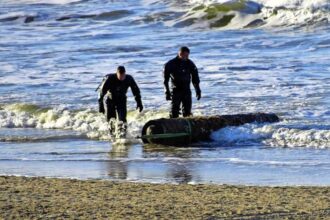 WWII torpedo remnant discovered on a Dutch beach, prompting a beach closure. Defense teams confirmed no explosives, and the artifact was safely removed by experts.