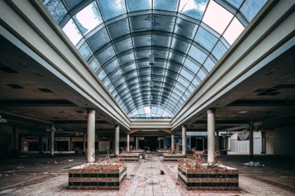 Explore the eerie remains of an abandoned Ohio mall, frozen in time with flooded floors, graffiti, and retro posters, sparking comparisons to The Last of Us.