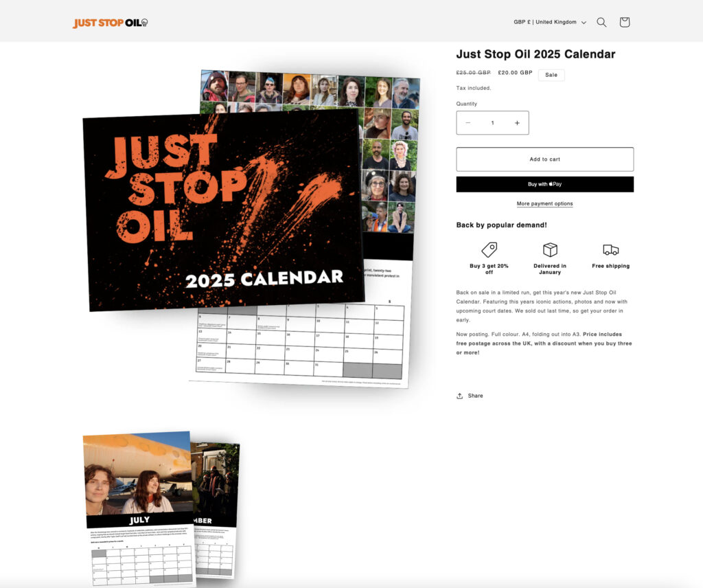 Just Stop Oil slashes prices of its 2025 calendars, now featuring protesters' court dates. Originally £25, they’re down to £16 with bulk discounts and free postage.