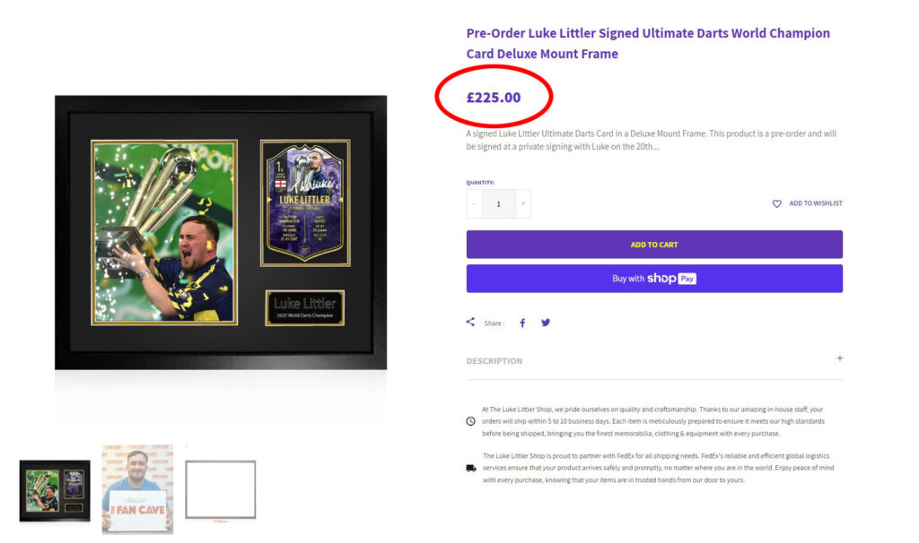 Darts prodigy Luke Littler sells 50 rare framed and signed World Champion cards for £225 each. Pre-order this collector’s dream ahead of his Premier League debut.