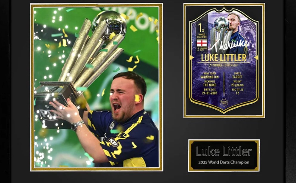 Darts prodigy Luke Littler sells 50 rare framed and signed World Champion cards for £225 each. Pre-order this collector’s dream ahead of his Premier League debut.