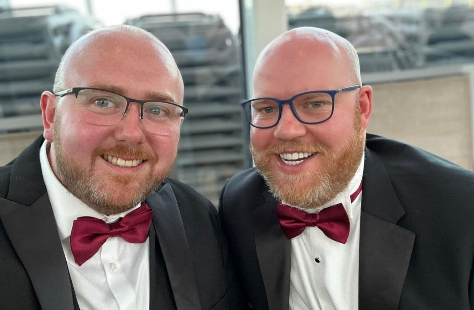 A married couple with bald heads, ginger beards, and matching glasses are often mistaken for brothers. Their TikTok explanation has racked up over 224,000 views!