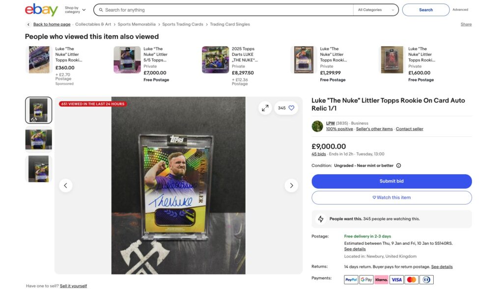 A signed Luke Littler darts card, featuring his autograph, nickname, and match-worn shirt snippet, skyrocketed from 99p to £9,000 on eBay after his PDC World Darts Championship win.