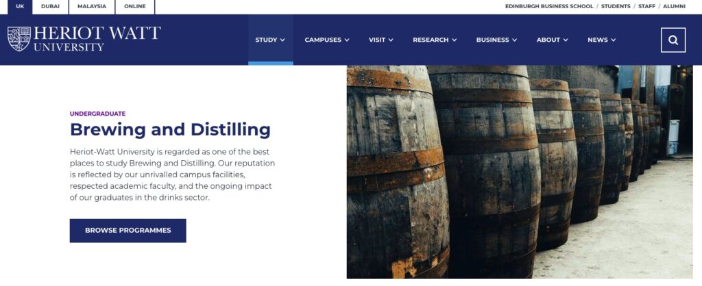 Heriot-Watt University in Edinburgh offers a unique BSc in Brewing and Distilling, teaching students the science and industry skills to create their own spirits and beer.