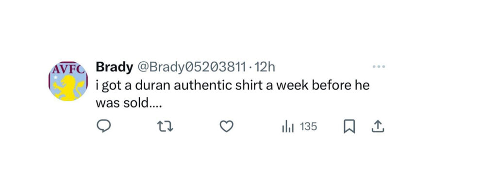 Social media comment on the post of Aston Villa fans are demanding the club swap their 'Durán 9' shirts after the striker’s sudden £70m move to Al-Nassr, leaving supporters frustrated after recent purchases.