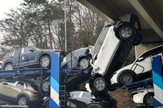 A lorry driver misjudges the height of a car transporter, crushing multiple vehicles under a Swindon overpass, leaving social media users in shock and amusement.