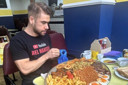 Canadian Joel Hansen shattered Pete Doherty's 2018 mega breakfast record, finishing in just 12 minutes - then ate a second plate in 15 minutes, making history at Margate's Dalby Café.