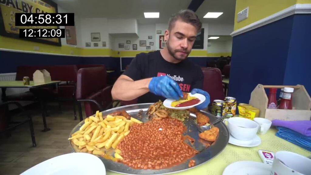 Canadian Joel Hansen shattered Pete Doherty's 2018 mega breakfast record, finishing in just 12 minutes - then ate a second plate in 15 minutes, making history at Margate's Dalby Café.