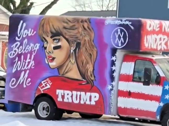 Woman's reaction to neighbor's Trump-themed truck goes viral - with bold decorations featuring Taylor Swift and Trump, the vehicle sparks heated debate online.