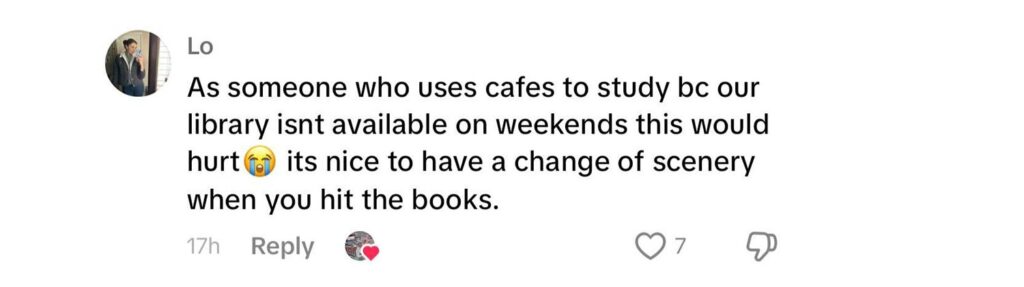 Social media comment on the post of Black Sheep Coffee in Reading bans students from studying on weekends after complaints about table availability. The decision sparks mixed reactions online.