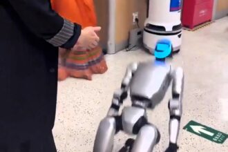 A “super-advanced” robot dramatically collapsed after a magician offered to shake its hand, leaving onlookers in laughter as it fell limp and refused to get back up.