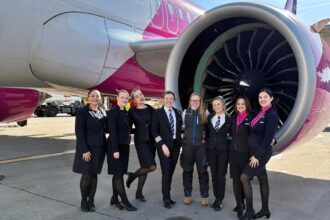 An all-female Wizz Air flight crew, led by Captain Sanne Gibson and First Officer Michelle Herberts, took off on International Women’s Day to inspire future pilots.