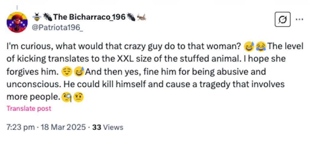 Social media comment on the post of Two men in Caracas, Venezuela, stunned motorists by carrying a giant teddy bear on a motorbike, with the pillion passenger hilariously lifting its arm to see the road ahead.