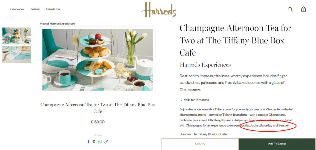 Harrods is offering a £150 Mother’s Day afternoon tea at its Tiffany Blue Box Cafe - but customers can’t actually book it on the special day due to a weekend restriction.