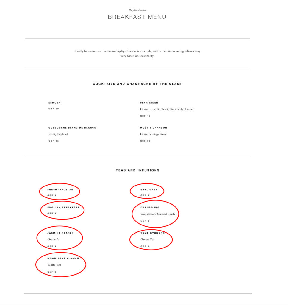 A London restaurant at the Four Seasons Hotel is charging £9 for a cup of Earl Grey tea, with other eye-watering prices including £8 coffee, £20 eggs, and £470 Beluga caviar.