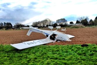 Two people survived with minor injuries after a light aircraft flipped on landing at Westonzoyland Airfield, Somerset, prompting an air safety investigation.