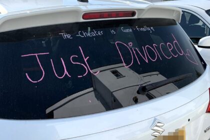 A driver in Newquay, Cornwall, celebrated their split by painting "Just Divorced" and "The cheater is gone - finally" on their Suzuki Vitara, turning heads on Chester Road.