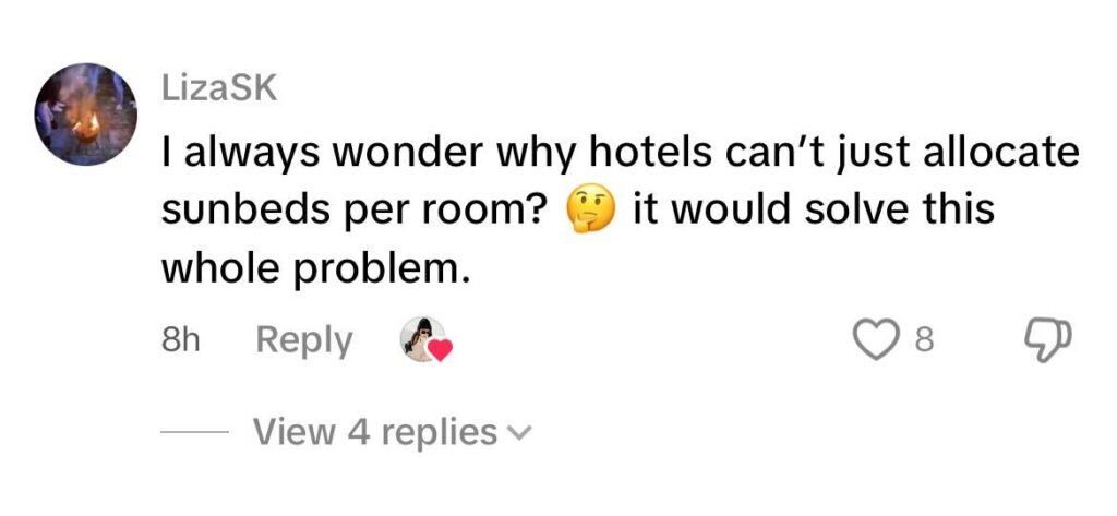 Social media comment on the post of Brits queue over an hour from 8am to claim prime sunbeds in Spain as sun lounger wars heat up - sparking debate over holiday habits and calls for allocated seating.