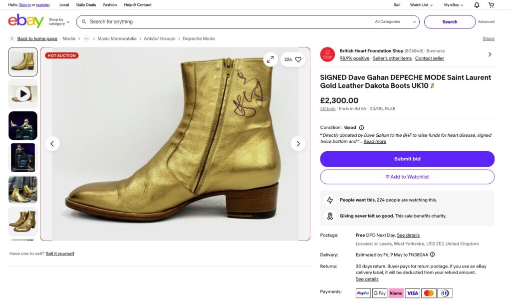 Depeche Mode’s Dave Gahan donates signed gold boots to British Heart Foundation - selling for £5,050 and becoming the charity’s top eBay item to fund heart research.