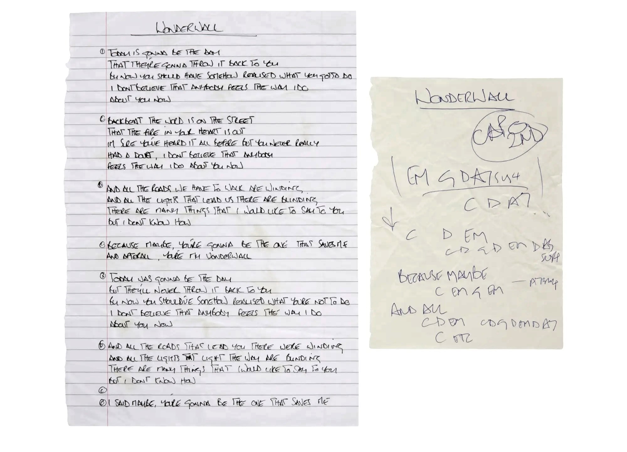 Noel Gallagher's handwritten Wonderwall lyrics are up for auction and expected to fetch thousands, alongside other Oasis memorabilia and music legends’ collectibles.